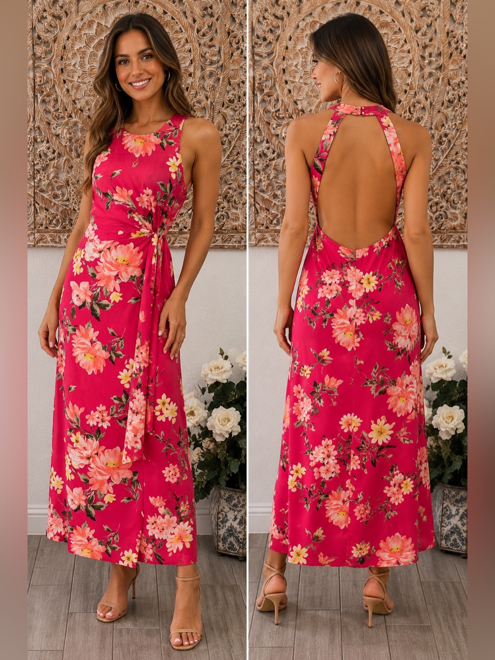 Lulus Hot Pink Tropical Floral Open Back Side Twist Semi-formal Party Midi Dress